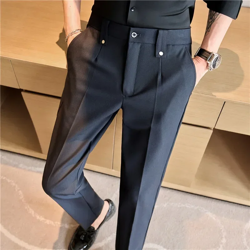 Men High Quality Business Casual Suit Pants Pure Fashion High Street Solid Color Office Social Slim Fit Elastic Waist Pants28-40