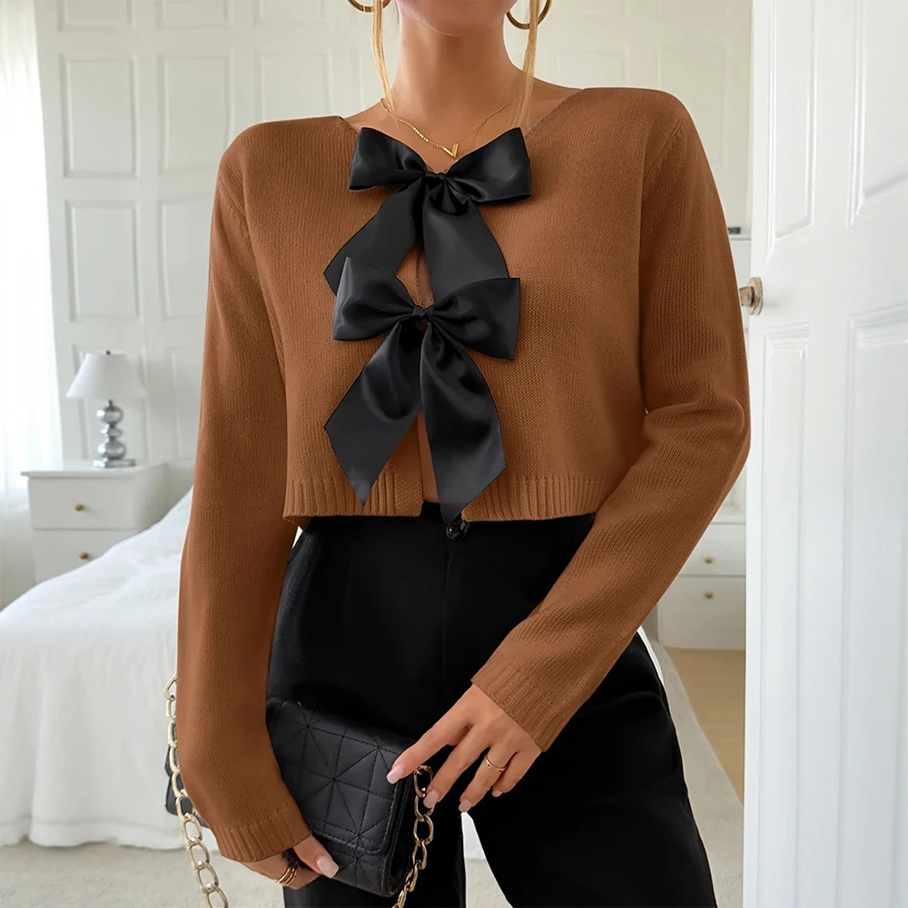 

Осенний кардиган Mia Muse, женский кардиган для взрослых, Vibe, простой бант, длинный рукав, v-образный вырез, стандартный крой, повседневный базовый кардиган