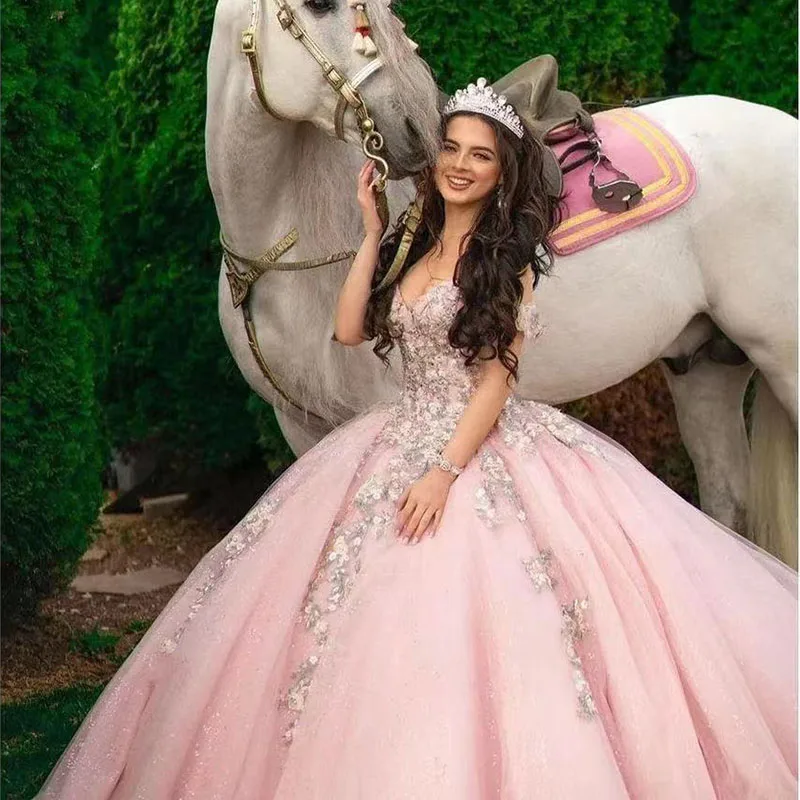 

Princess Pink vestido de 15 anos Quinceanera Dress Floral Applique Girls Pageant Dress Ball Gown Sweet 16 Prom Gowns