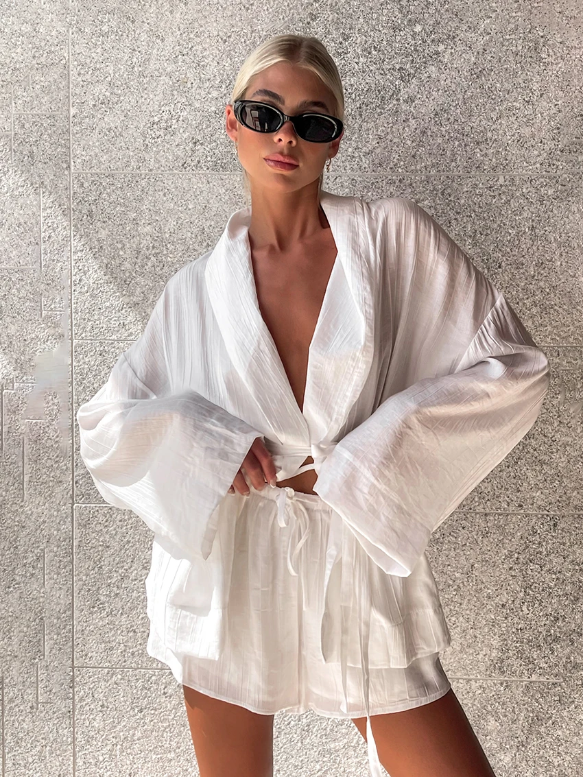 Marthaqiqi White Women Nightgown Suit Long Sleeve Robe Turn-Down Collar Bathrobe Lace Up Pajama Shorts Casual Ladies Nightie Set