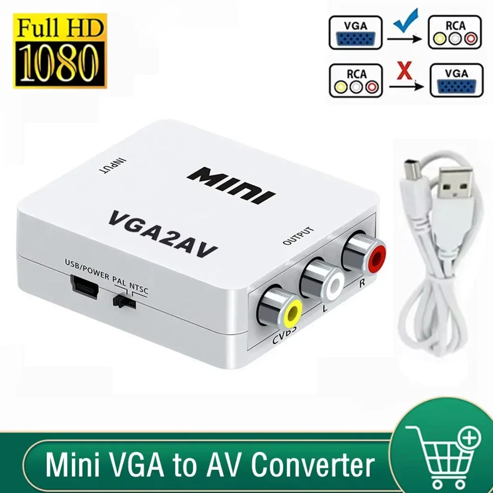 1080P HD VGA2AV Video Convertor Mini VGA to AV Converter with 3.5mm Audio Cable VGA to RCA Video Converter Plug and play