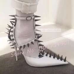 Metal Rivet Patent Leather Sandals Women Sexy Ankle Strap High Heels Shoes Ladies Pointy Toe T-Strap Nifty Punk stiletto Shoes