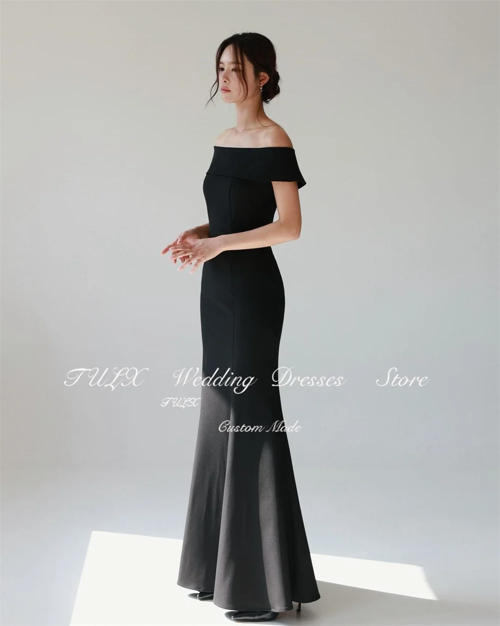 TULX Korea Einfache Schwarze Abendkleider Schulterfrei Hochzeit Fotoshooting Meerjungfrau Langer Reißverschluss Zurück Party Abendkleid Maßgeschneidert 2025