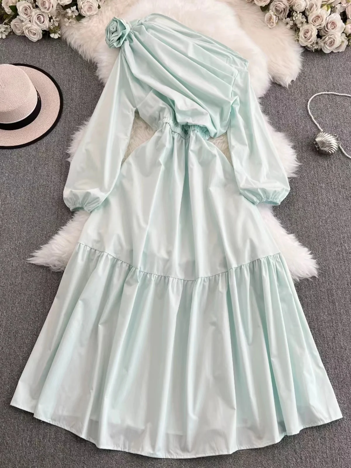 

French High end Seaside Vacation Temperament Long Dress Women Autumn Mint Green Diagonal Collar Lightweight Dress Beach Skirt