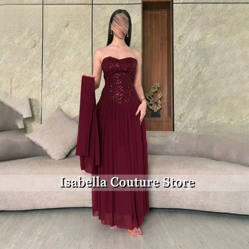 Borgonha vestido de festa lantejoulas querida vestidos de noite plissados vestido de noite sem mangas com lenço personalizado