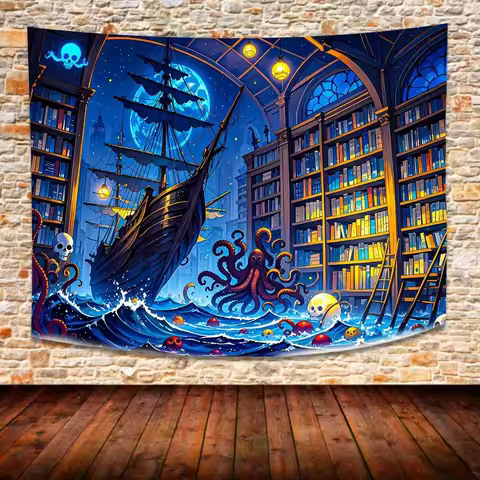 Funny Library Bookshelf Tapestry Dreamy Fairy Tale Wonderland Ship Tapestry