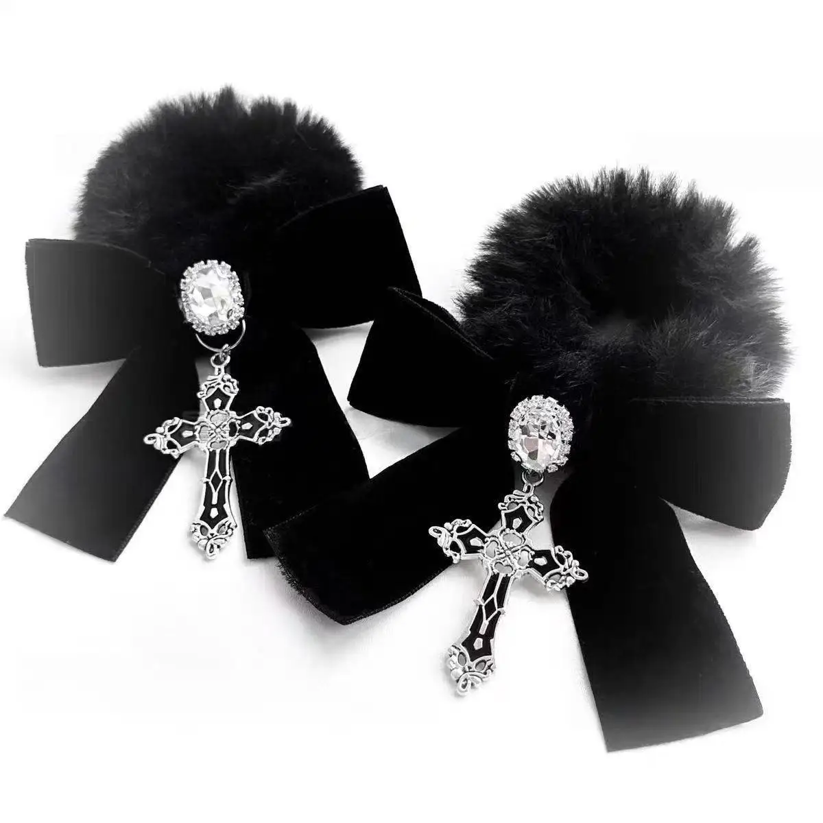 Harajuku Japanese-style Gothic Lolita Y2K Girl Decorative Cross Plush Fluffy Cross Bow Hair Accessories Hair Tie Rubber Band
