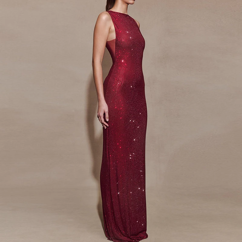 

2026 темпераментное облегающее платье с круглым вырезом, женское элегантное длинное платье без рукавов, сверкающее женское вечернее платье с пайетками и разрезом