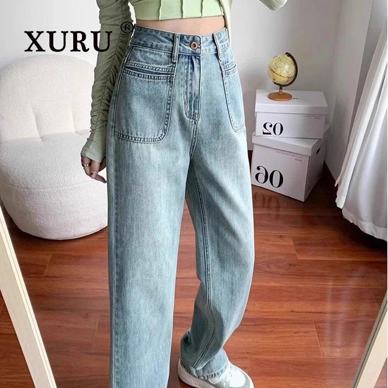 

XURU-Short Straight Leg Jeans for Women, High Waisted, Casual Draping Pants, Wide Leg, Floor Dragging, American, Spring and Autu