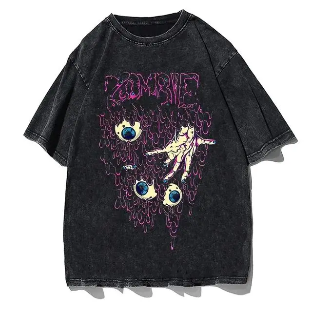 メンズ半袖Tシャツ、スカルプリント、洗濯可能、エイジド加工、ルーズフィット、レトロで快適なストリートカジュアルトップス