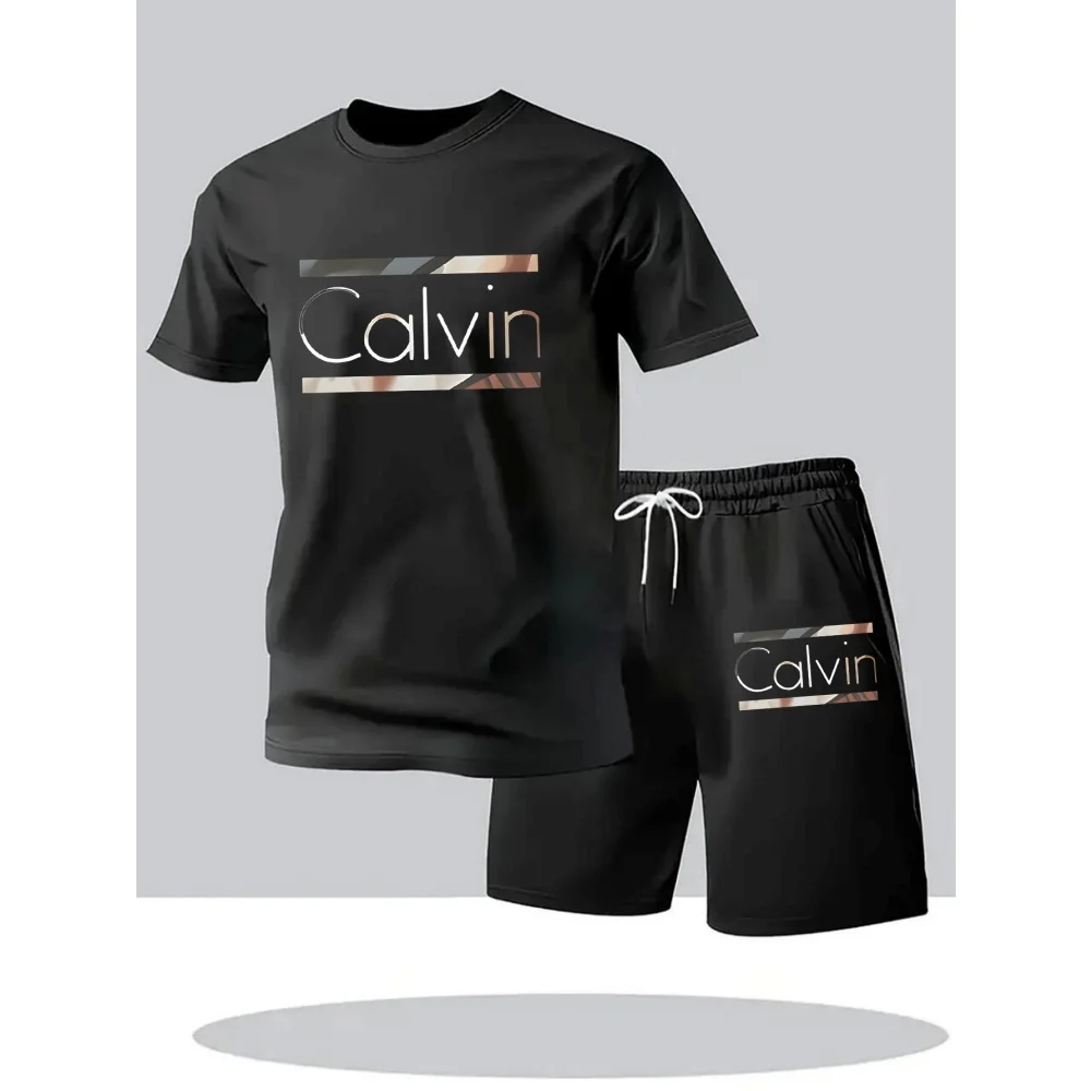 

Fashionable summer men's short sleeved T-shirt and shorts set casual round neck short sleeved shorts two-piece set