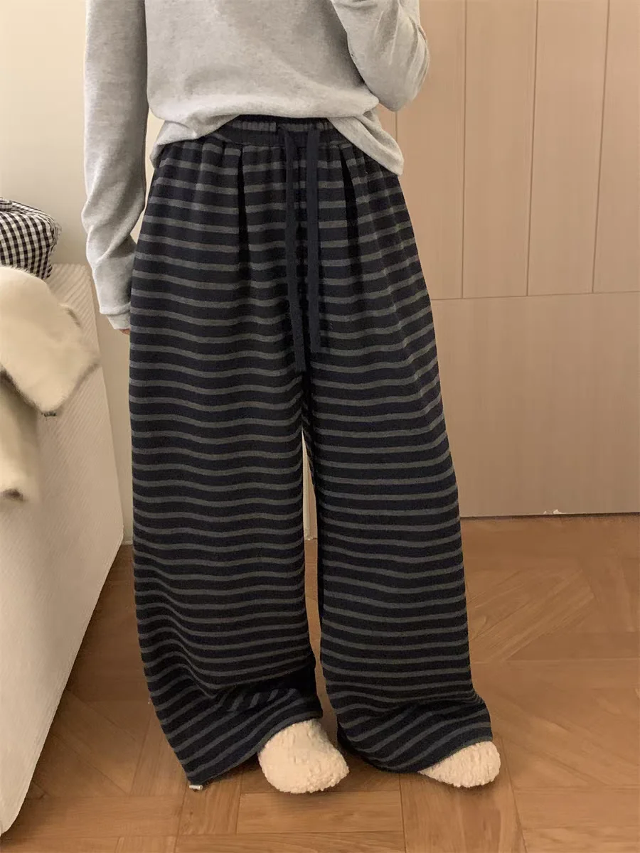 Thi Warm Faionable Striped Wide Leg Pants Women's High Waist Drapey Straight Cut Trousers plus Size Korean Sle Cuffed P...