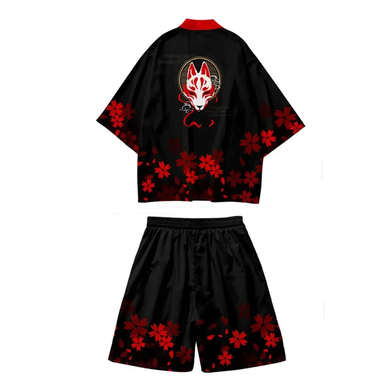 Summer Asian Traditional Costume Men Crane Printed Japanese Kimono Cardigan Harajuku Yukata Dark Style Black Haori Shirt Jacket