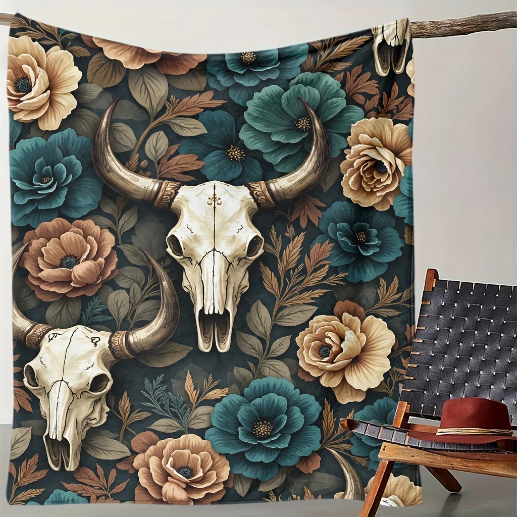 Boho Skull Floral Print Throw Blanket Maximalist Gothic Aesthetic Cozy Decorative Fleece Throw for Sofa Bedside Decor