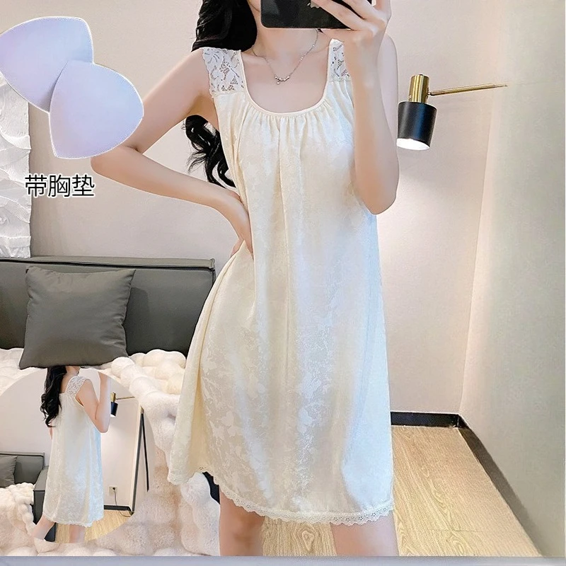 

Lace Nightgown Home Dress Women Sexy Chemise Sleepwear Loungewear Sleeveless Underwear Gown Summer Rayon Nightdress