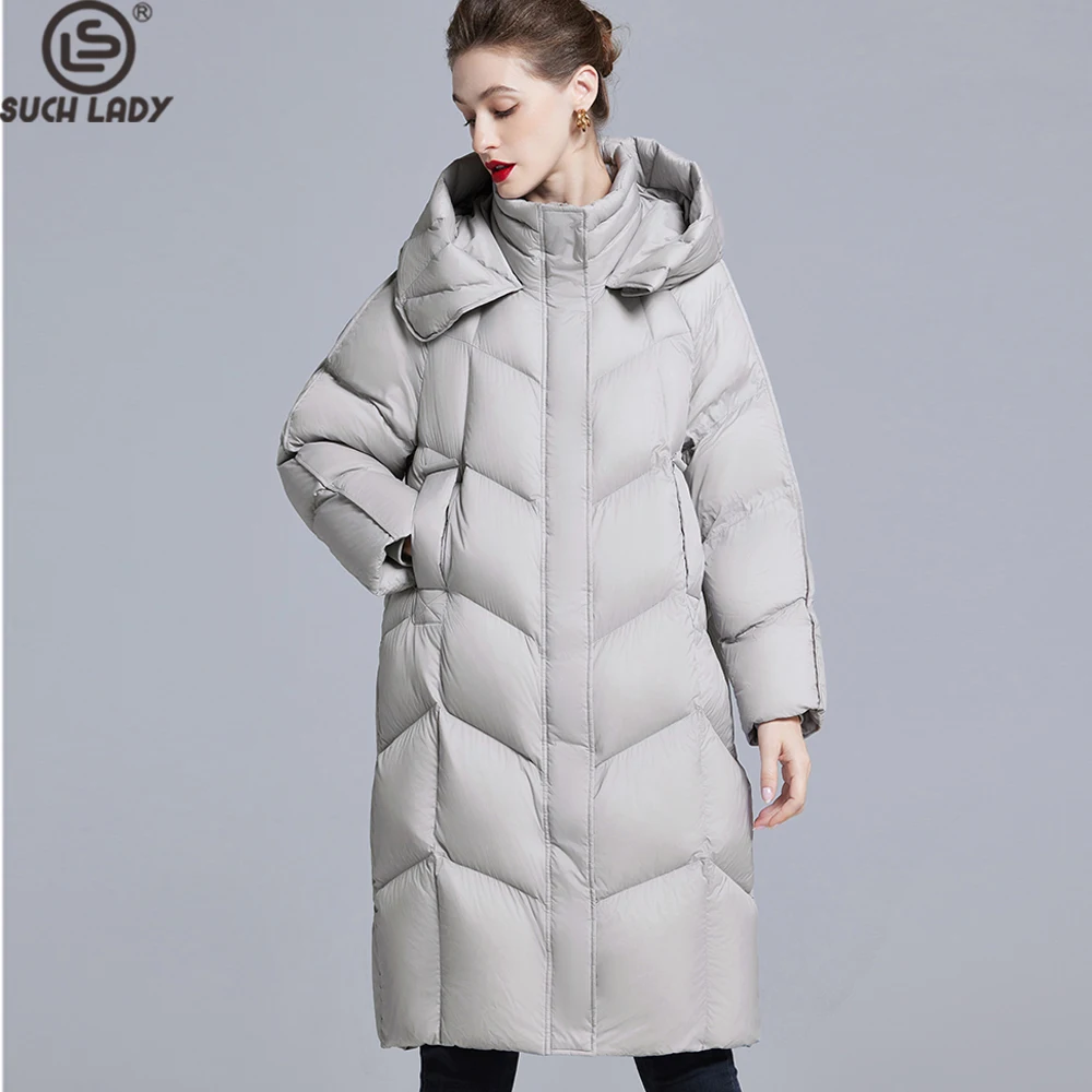 

Женское удлиненное пальто-пуховик с капюшоном, светло-серая стеганая куртка на пуху с застежкой-молнией и боковыми карманами, зимняя теплая парка