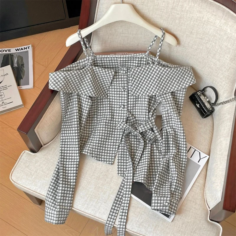 Women Stylish Vintage Plaid Blouse Sexy Sweet Off Shoulder Lace-up Bow Shirt Spaghetti Strap Asymmetrical Long Sleeve Slim Tops