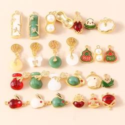 10pcs Traditional Chinese 3D Gold Plated Luxury Imitation Jade Lucky Charm Pendant for diy Bracelets Jewelry Making Accessories