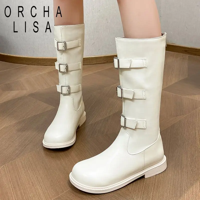 

ORCHA LISA Fashion Mid Calf Boots 2cm Low Heels Round Toe Back Zipper Belt Buckles Small Size 31-33 Autumn Bota Casual Sale on