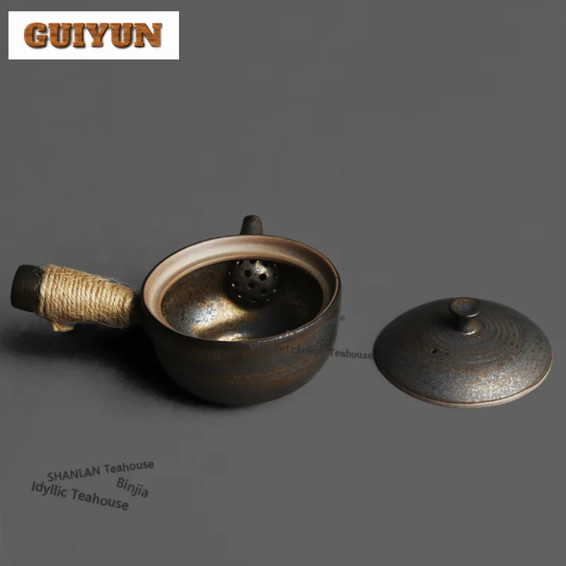 200ml Coarse Pottery Kiln Fambe Side Handle Teapot Ancient Tea Infuser Pot Tea Brewing Kettle With Ball Hole Teaset Craft Gifts