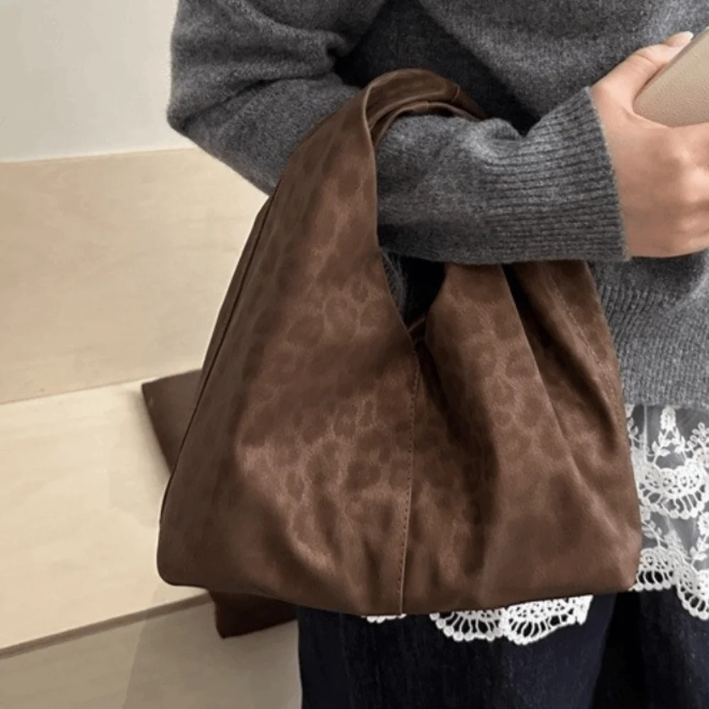Faux Suede Leopard Print Top Handle Bag Large Capacity Retro Design Niche Design Shoulder Bag Solid Color Simple Style