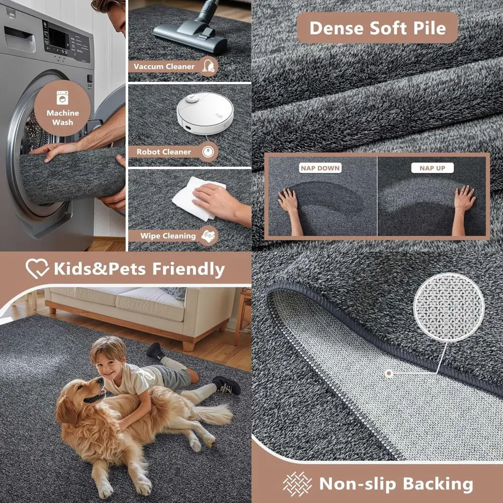 

Washable Low Pile Solid Grey Rugs for Home Decor - Non-Slip Indoor Area Rugs for Bedroom and Living Room