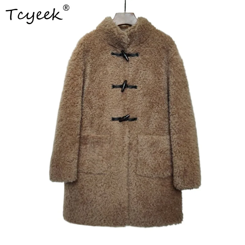

Tcyeek, 100% шерсть, осень-зима, корейская версия, модное женское пальто с воротником-стойкой средней длины, меховое пальто из овечьей шерсти Fourrures Femme