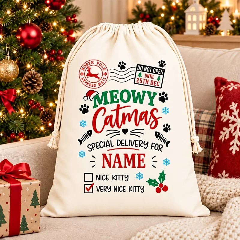 1 unidad de saco de Papá Noel personalizado con nombre, bolsas grandes para regalos navideños, saco de Papá Noel con cordón ajustable, ideal para guardar y presentar regalos de Navidad.