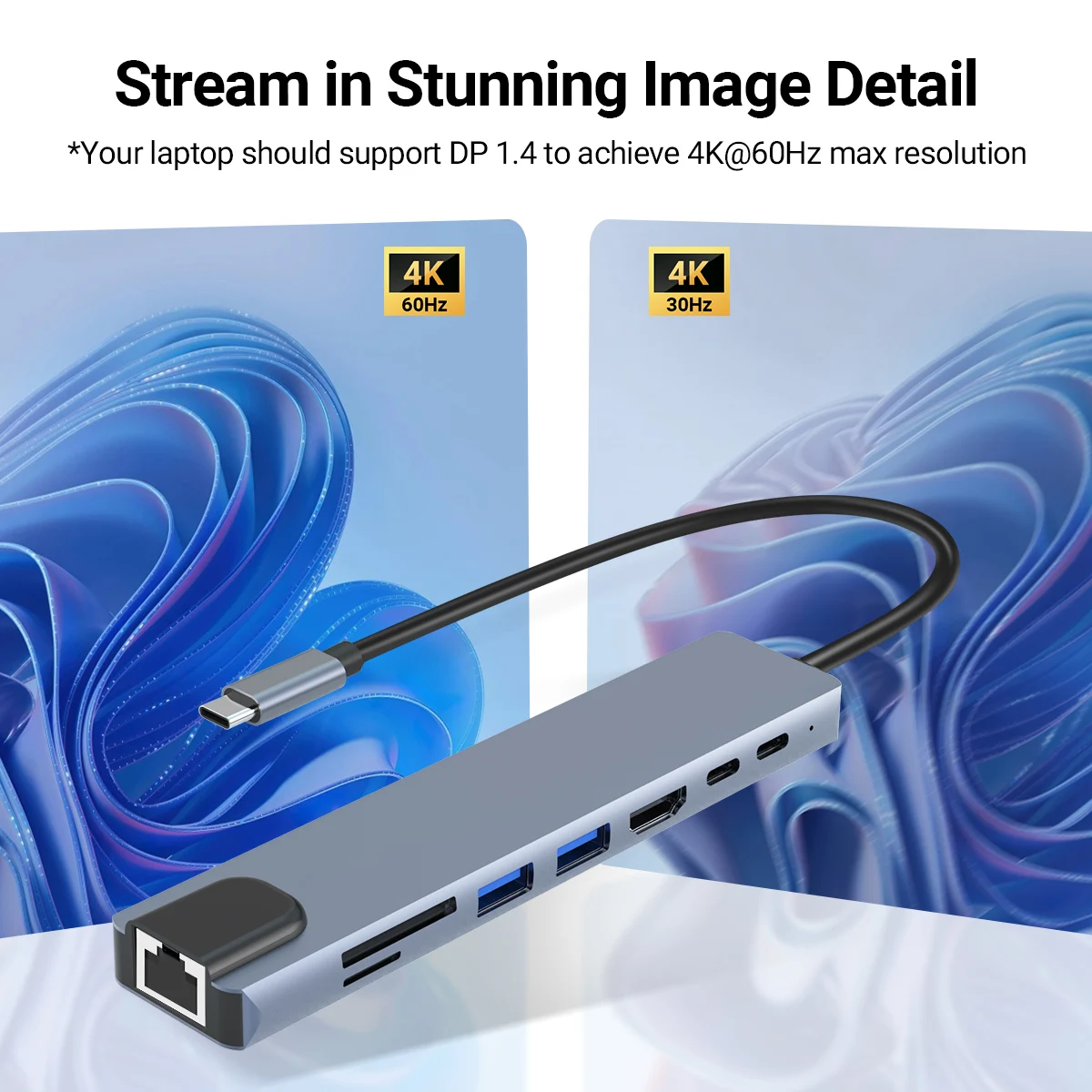 8 in-1 USB C Docking Station with 4K HDTV, 100W PD, USB 3.0/2.0, RJ45 100M, SD/TF Card Reader Type-c Hub for Imac  Surface ipad