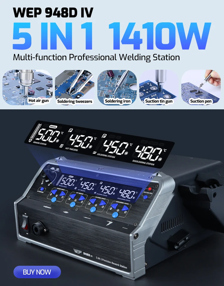 

WEP 948D-IV 5-IN-1 Precision Soldering Station 1410W Digital Suction Tin Gun Pen Desoldering Hot Air Gun Solder Iron Kit 948D-IV