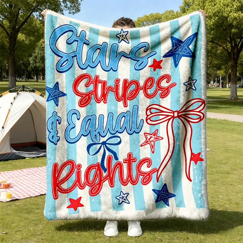 Stars Stripes Human Rights 2 Sided  Flannel Blanket, Progressive Patriotic Flannel Throw, Feminist