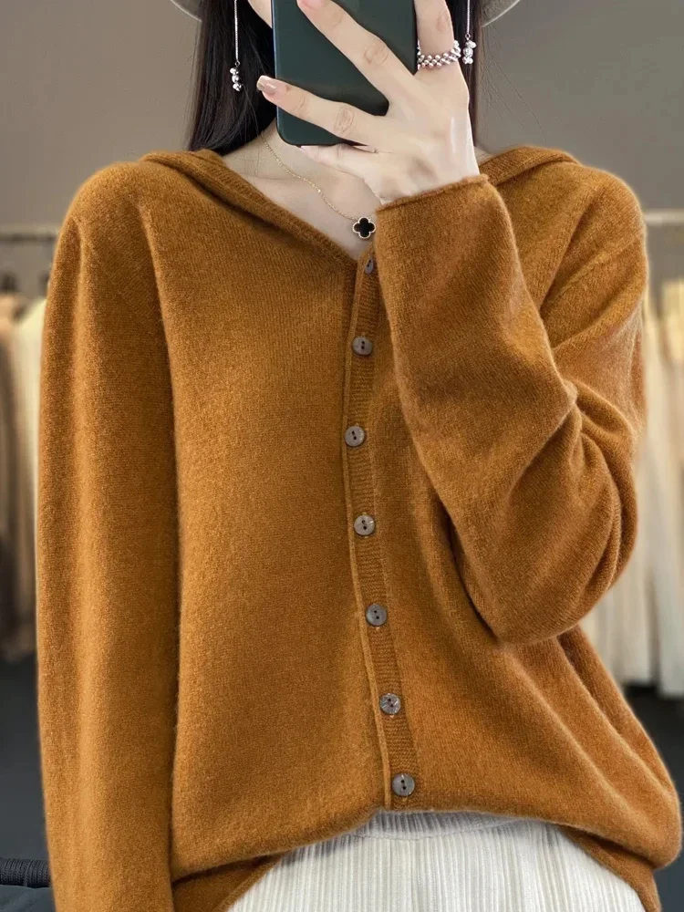 Long Sleeve Women Sweater Autumn Winter Casual Cardigan 100% Merino Wool Solid Hoodie Cashmere Knitwear Korean New Fashion Tops