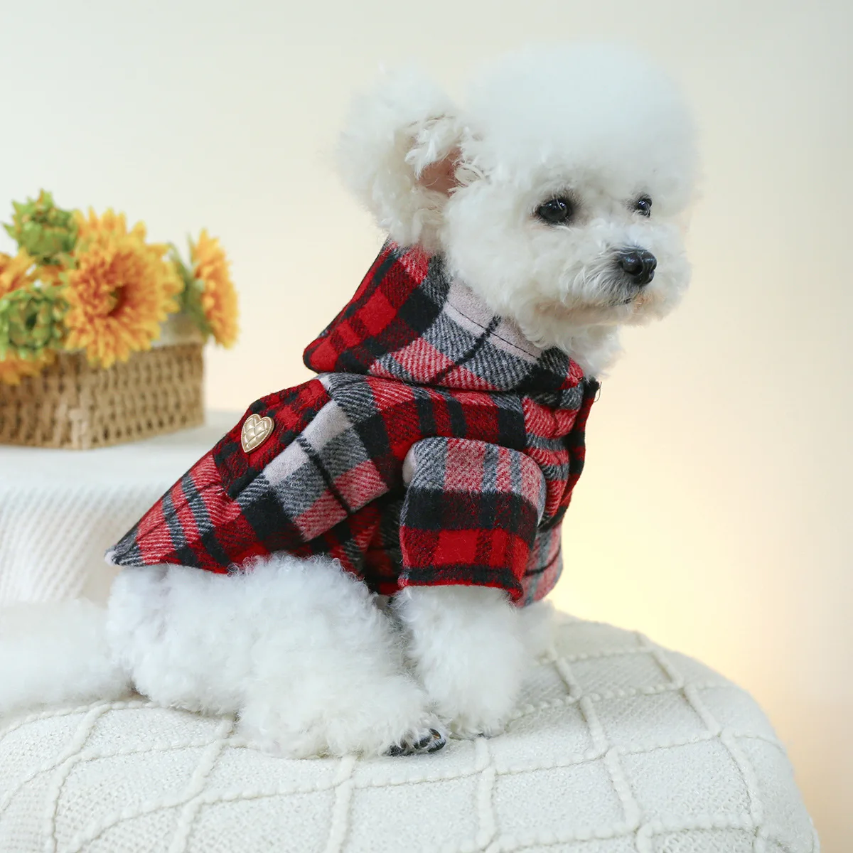 Pet Christmas Plaid Hooded Coat Cat Clothing Autumn and Winter Warm Red Plaid Windbreaker Dog Clothes for Small Dogs Puppy