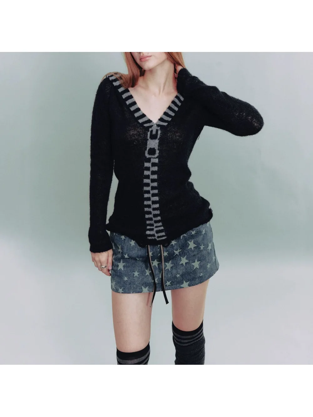 New autumn retro punk hooded knitted sweater striped V-neck spicy girl top Gothic street trend niche casual versatile subculture
