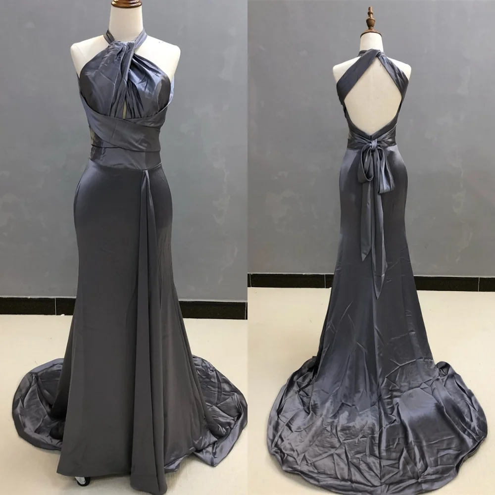 

CustomizedCustomized Luxury Black Satin Evening Dress Classic Halter Sleeveless Backless Open Back Lace Up Back Bespoke Occasion