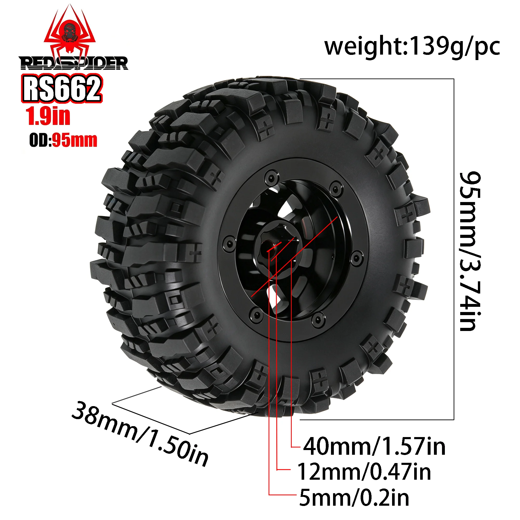 RED SPIDER 4Pcs 1.9 95mm Rubber Tire & Metal Beadlock Wheel Set  For Traxxas TRX4 TRX6 Axial AX10 SCX10 II III Wraith