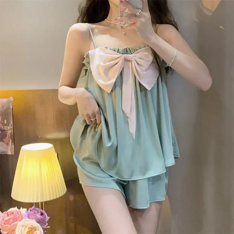 Princess Wind Bow Suspender Pajamas Female Summer Thin Cute Girl Ins Pajamas Home Pijamas Women Kawaii Satin Pjs Silk Pyjama Set