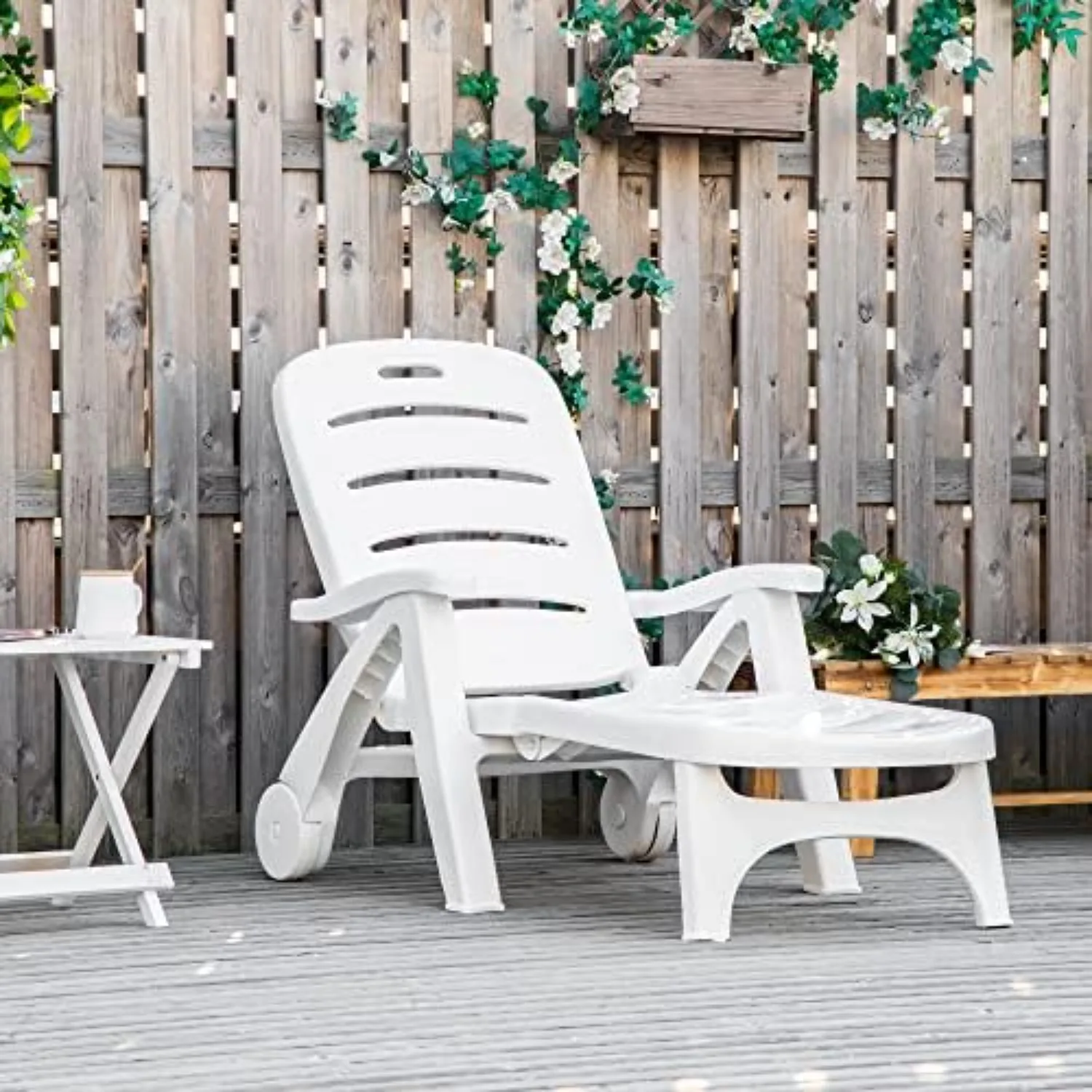 Outdoor Chaise Lounge 5-Level Adjustable Backrest Wheels White | Lounge Chair, Folding Tanning Chair, for Pool, Beach
