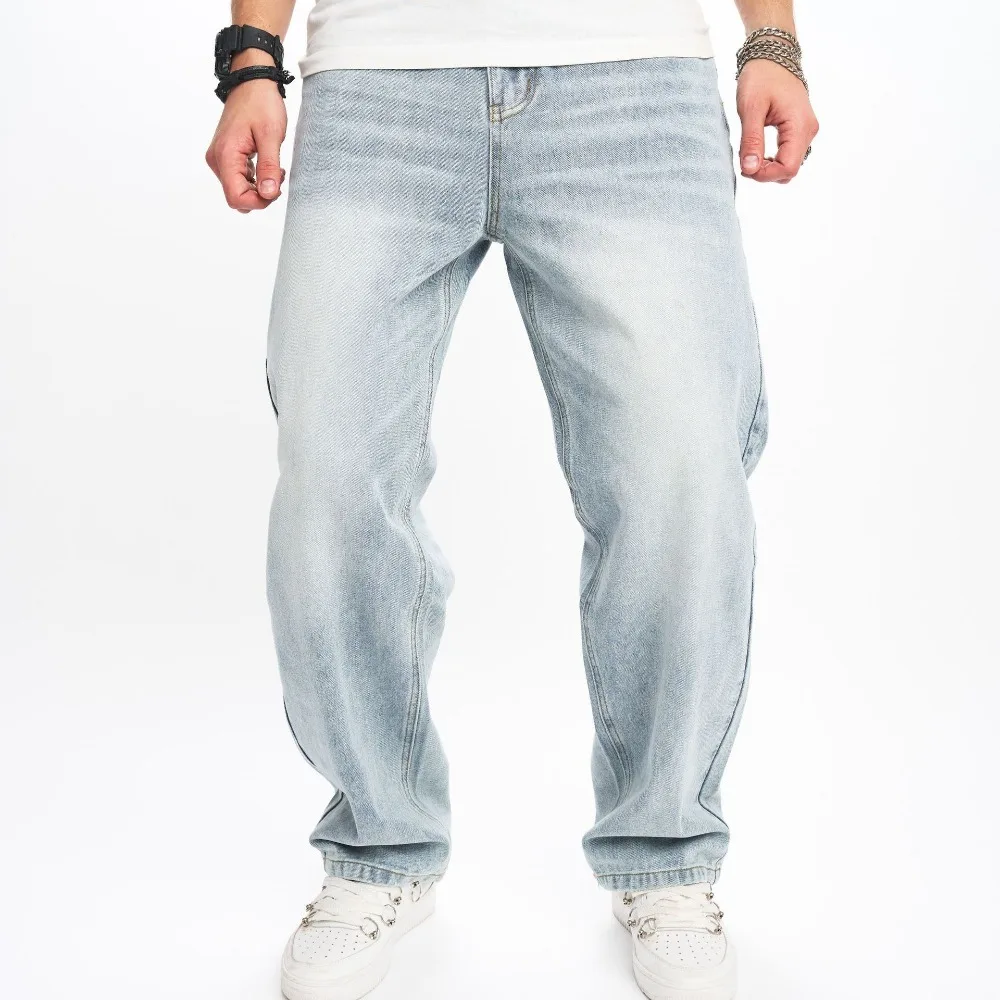 Denim Pants Men Jeans Long Pant Zipper Splice Simple Pockets Casual Print Regular Autumn Winter High Waist Straight Trousers