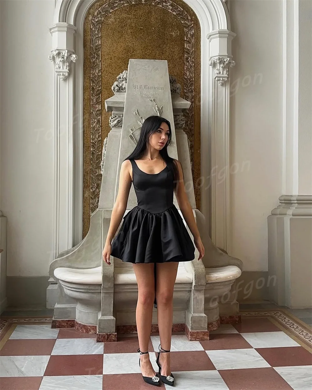 Toofgon U Neck Black Short Mini Evening Dresses Customized Satin A Line Wide Strap Prom Dress Women Above Knee Formal Party Gown