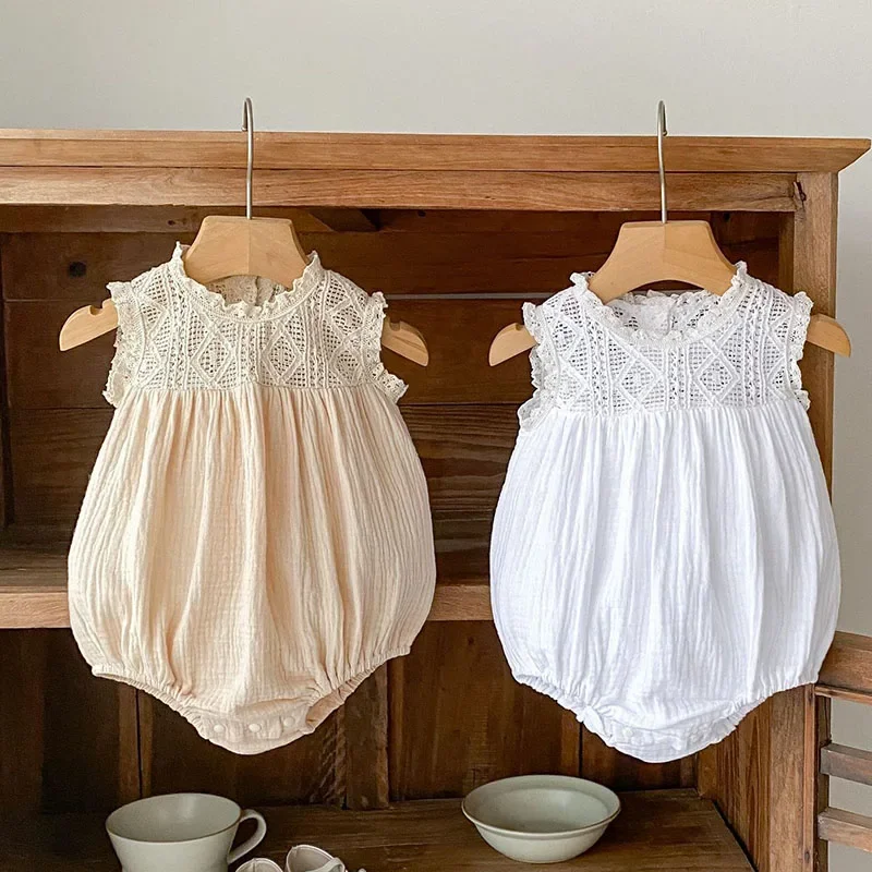 2025 New Summer Korean Style Climbing Suit Sleeveless Cotton Lace Splicing Toddler Baby Girls Jumpsuit 0-24M Baby Girls Clothing