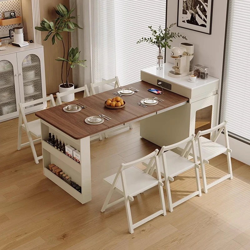 

​​Foldable & Extendable Solid Wood Narrow Kitchen Island Multifunctional Compact Cream Dining Table Cabinet Small Space