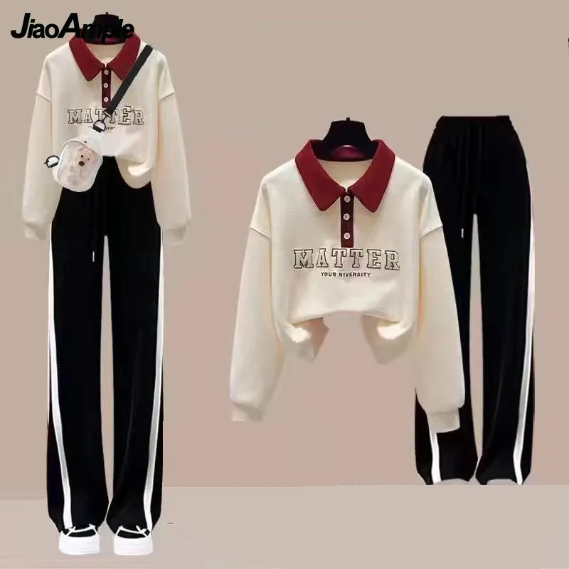 2023 Autumn New in Matching Set Women Loose Polo Long-Sleeve Sweater Blouse+Sport Pants Two Piece Korean Elegant Tracksuit Suit