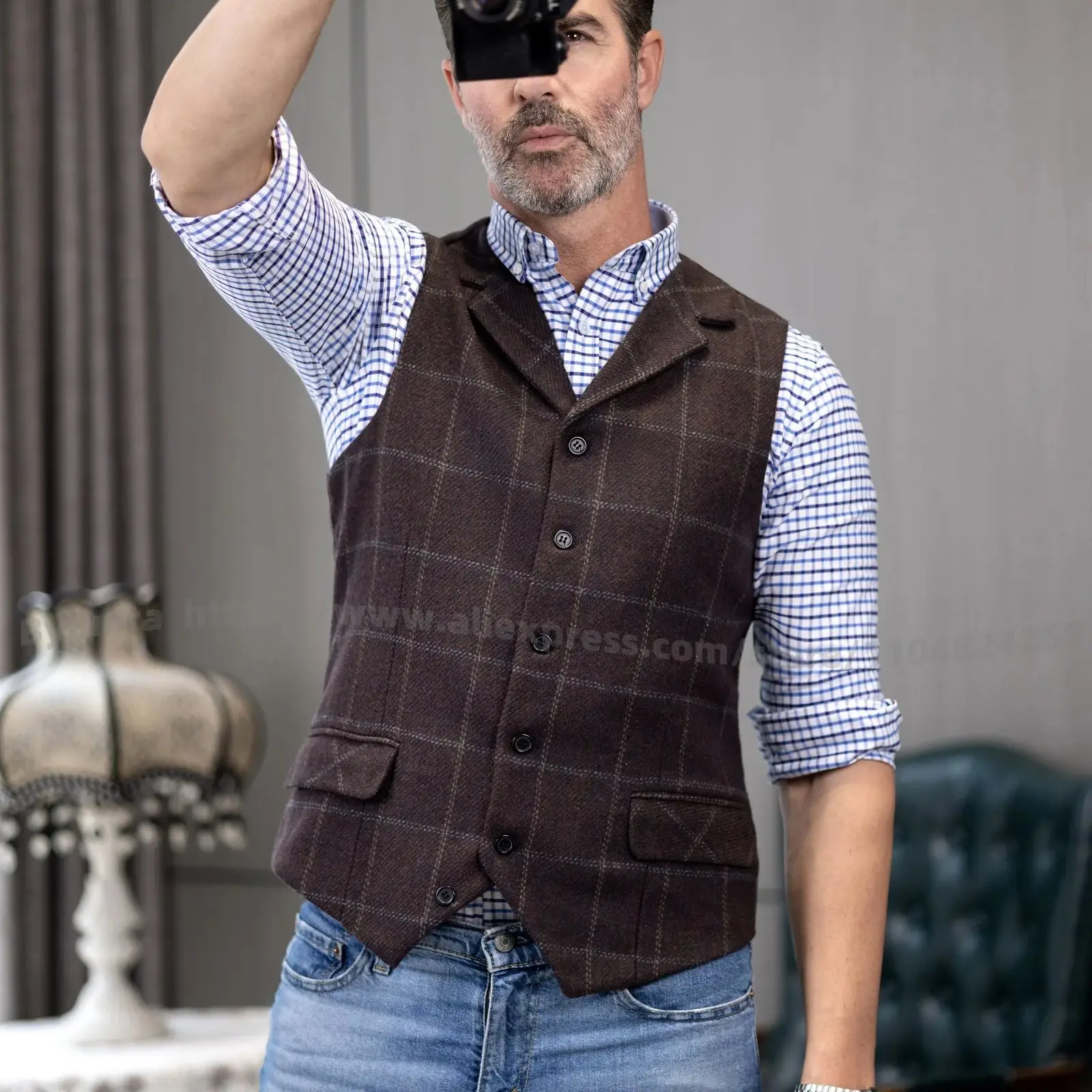Green Casual Gentleman Men's Plaid Soft Wool Jacket Vest Tweed Business Coffee Waistcoat For Best Man Wedding For Party