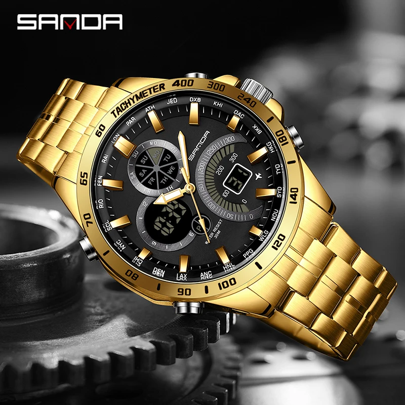 SANDA 3175 Men Sports Watch 30m Waterproof Digital Clock Stainless Steel Men Military Watch Army Quartz Watch Men Wristwatches