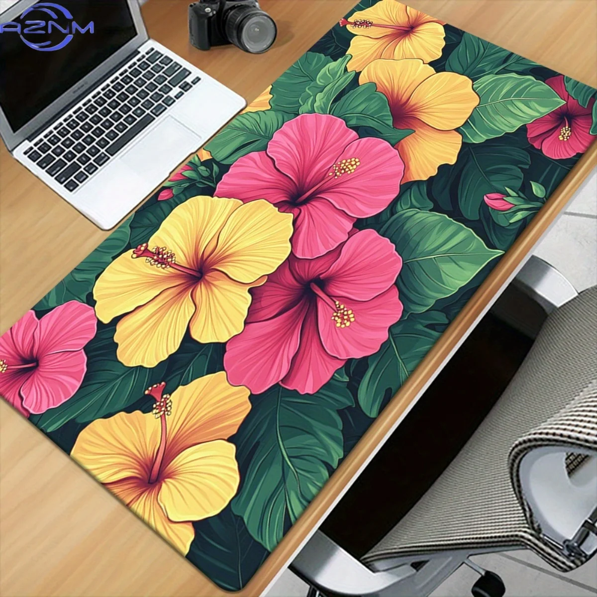 One Extra-Large XXL Mouse Pad And Desk Mat Featuring a Non-Slip Rubber Base, Adorned with Tropical Floral Designs Including Pink