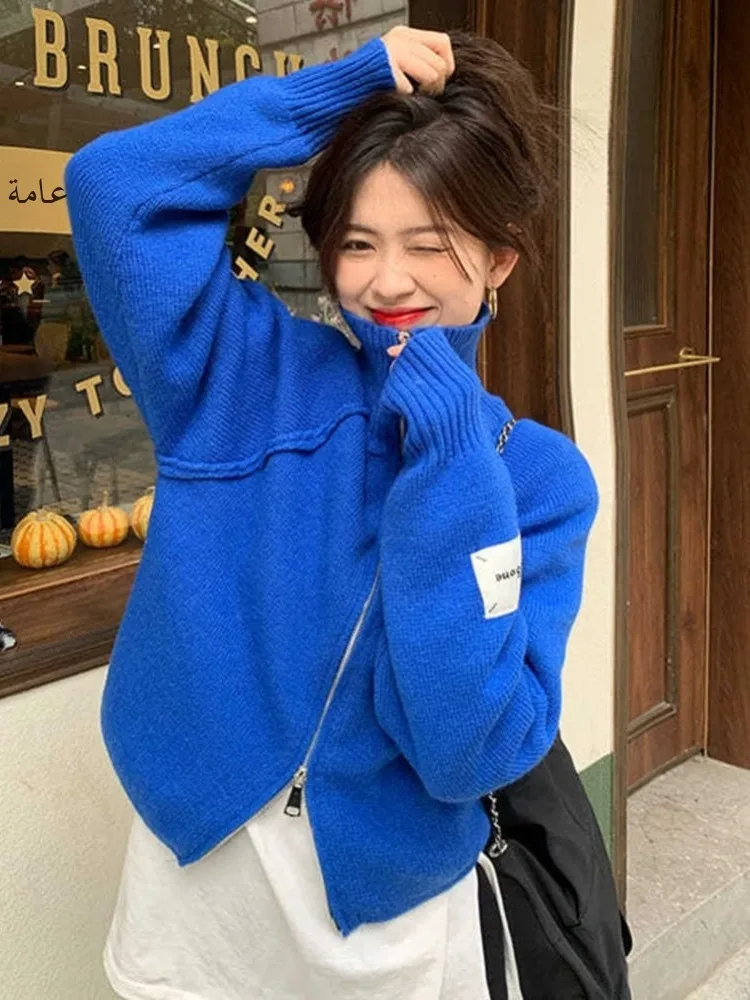 

Klein Blue Zipper Cardigan Sweater Women's ort Sle Versatile Top Spring Autumn Korean Faion Street Sle Knittedwear