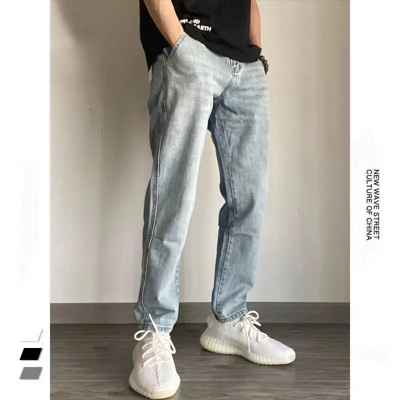 Light Jeans Baggy Jeans For Men Straight Wide Pants With Side Pockets Men's Clothes Blue Jogging Trousers Male Hip Hop Man