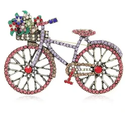 Shining Pink Crystal Bicycle Brooches for Women Unisex Flower Basket Baroque Badge Bike Brooch Pins Gifts Jewelry Accessories