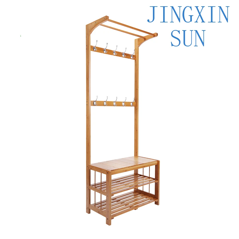 New Hot Sale Living Room Furniture Natural Bamboo Coat Rack Bracket with Triple Shelf Bathroom Utensils